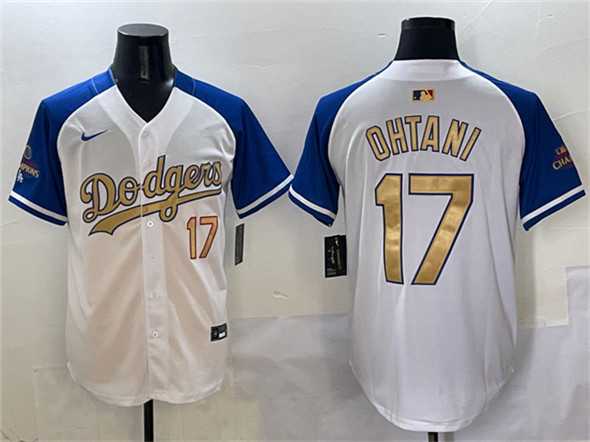 Men%27s Los Angeles Dodgers #17 Shohei Ohtani White Royal Gold 2024 World Series Champions Vapor Limited Stitched Jersey